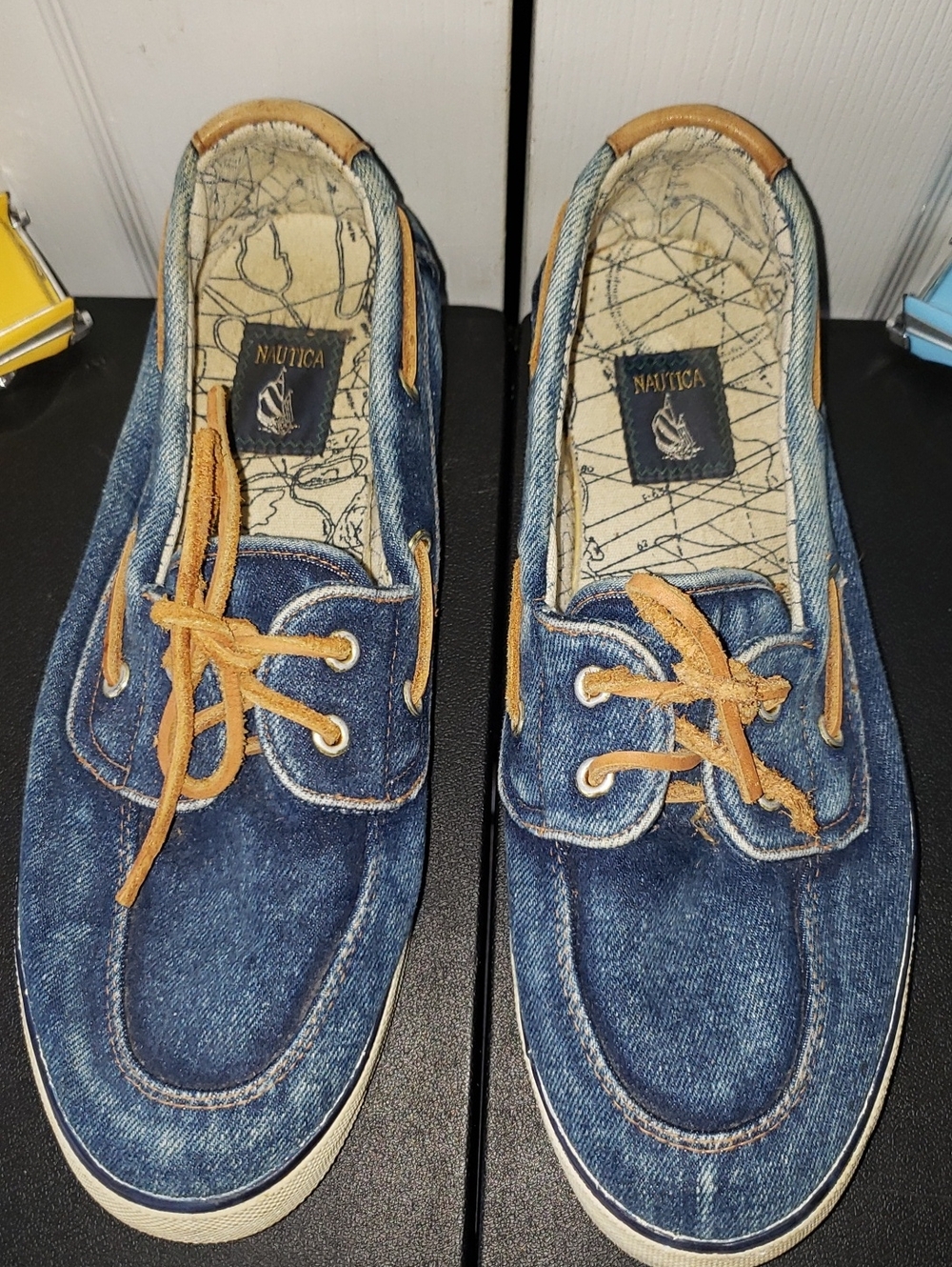 Nautica Men’s Denim-Style Boat Shoes in Blue with Tan Laces